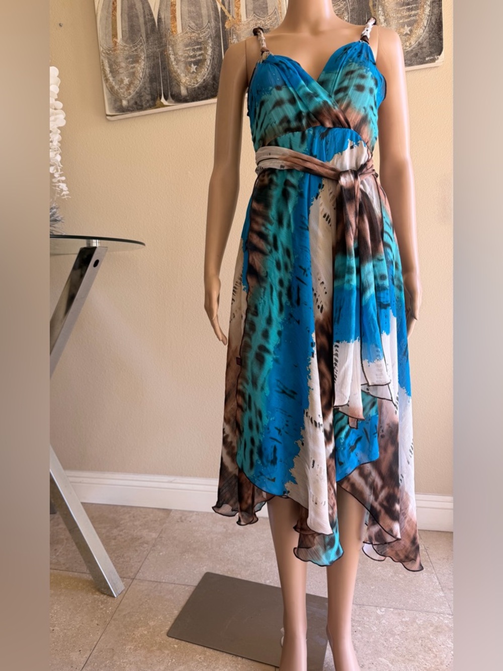 Blue and Brown V-Neck Wrap Summer Dress